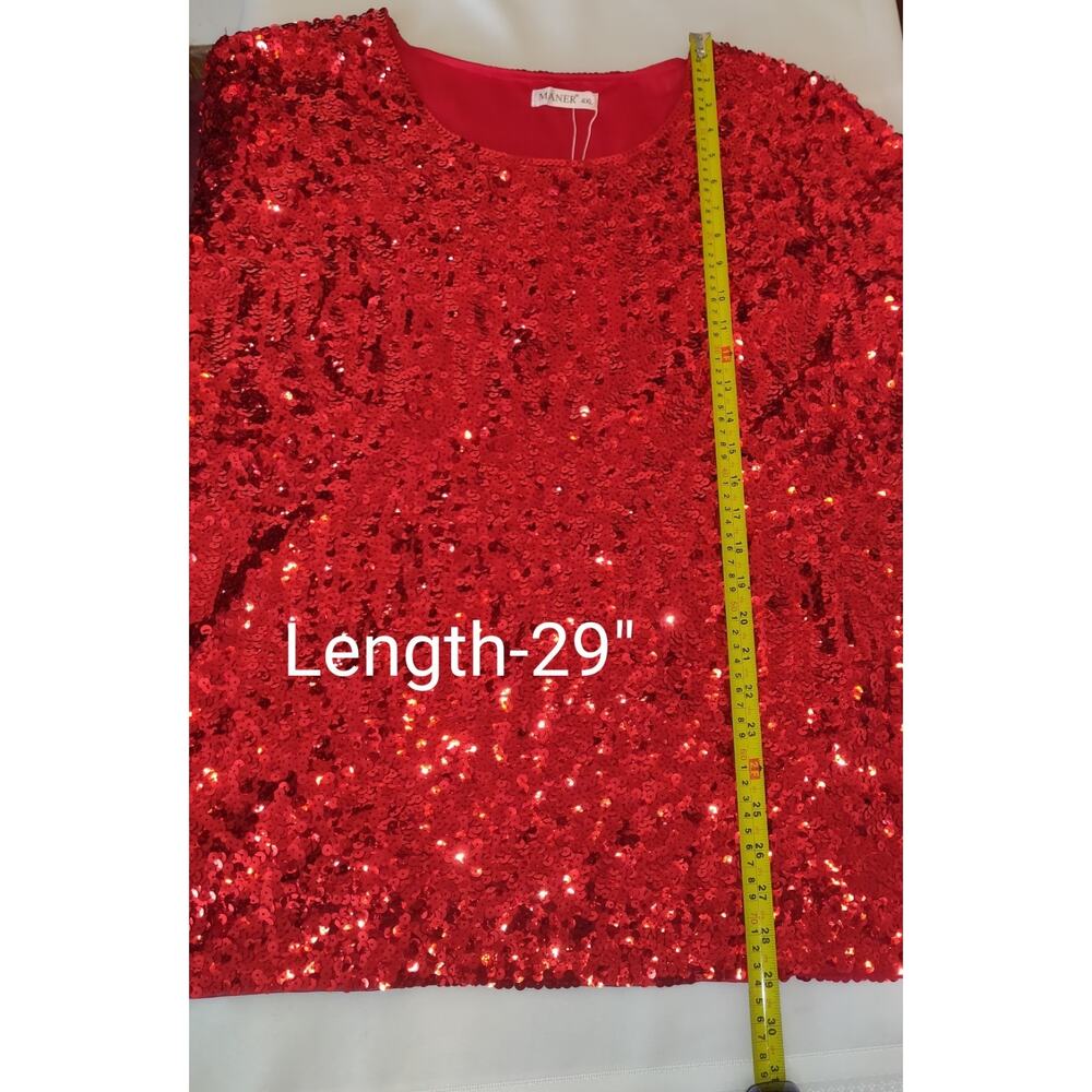Maner Red Sequinned Top PLUS Sz 4 XL Heavily Embellished Stretchy Holiday Lined - Picture 8 of 16